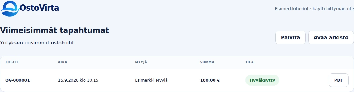 OstoVirran viimeisimmät tapahtumat: hyväksytty ostokuitti ja PDF-painike
